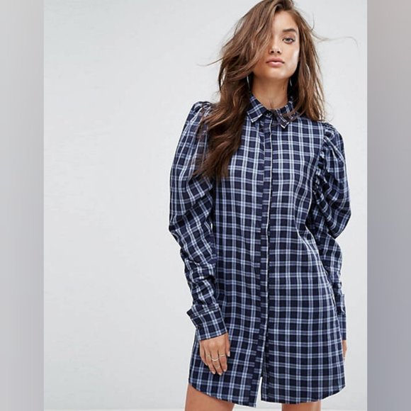 WORN ONCE ASOS BooHoo Blue Plaid Leg of Mutton Sleeve Buttondown Shirt Dress 80s - Picture 2 of 9